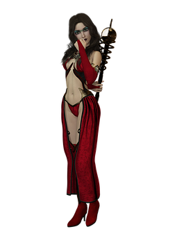 Mysterious Womanin Redwith Golden Scepter PNG