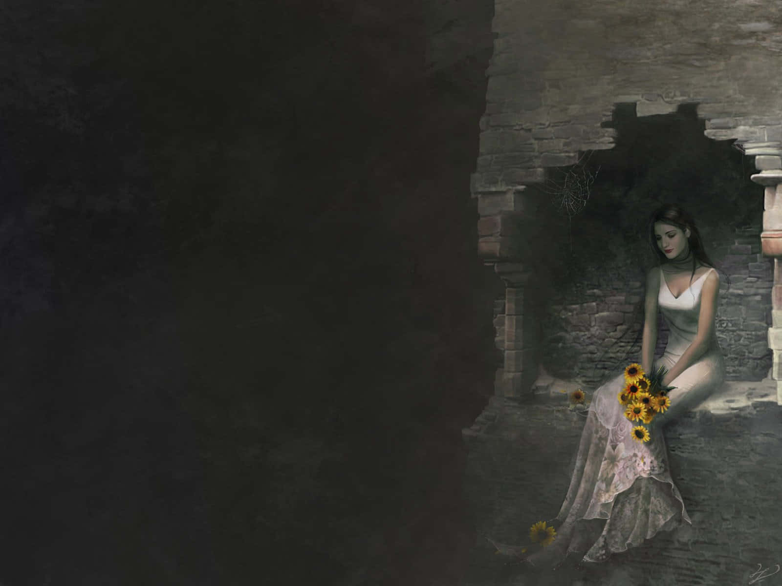 Einefrau Sitzt Auf Einer Mauer Mit Sonnenblumen.
