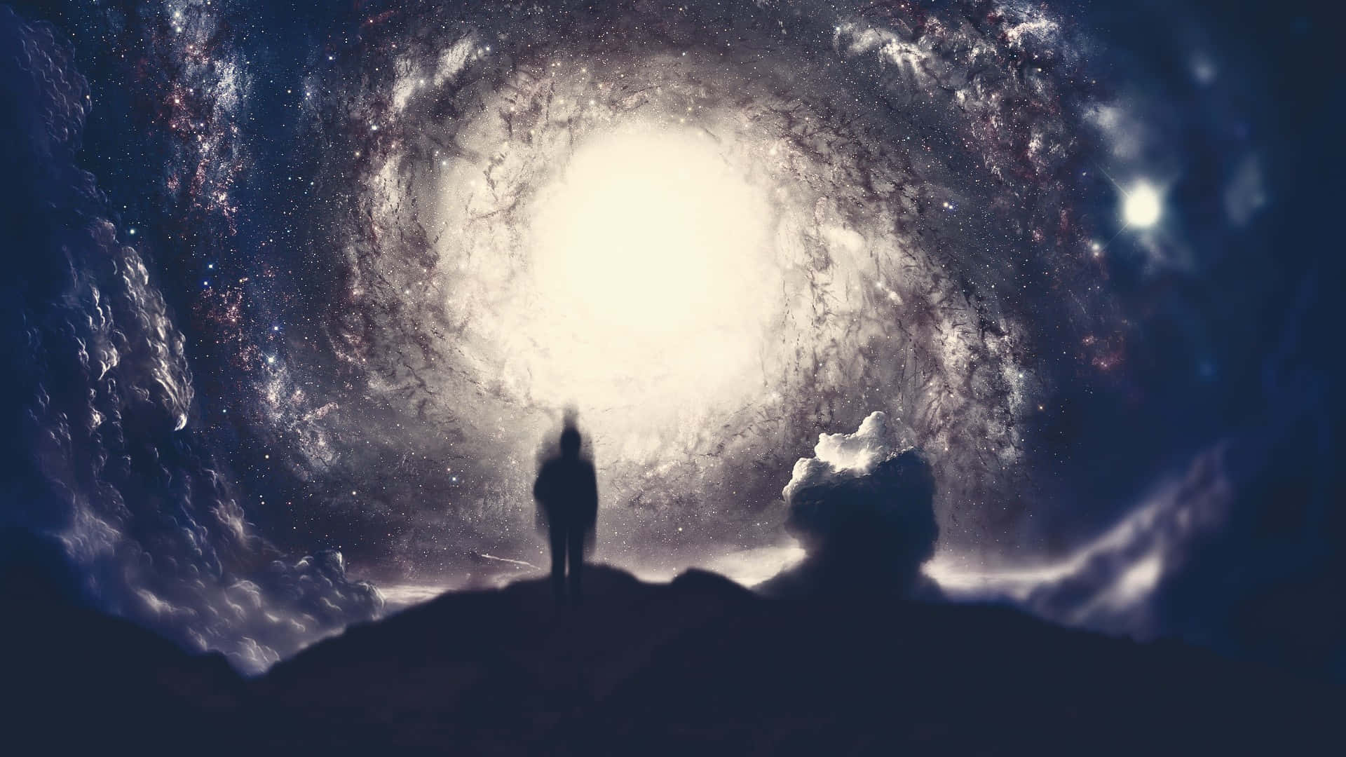 A Person Standing In Front Of A Galaxy