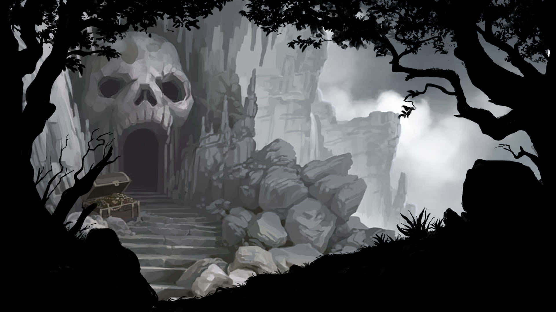 A Dark Scene With A Skull And A Doorway