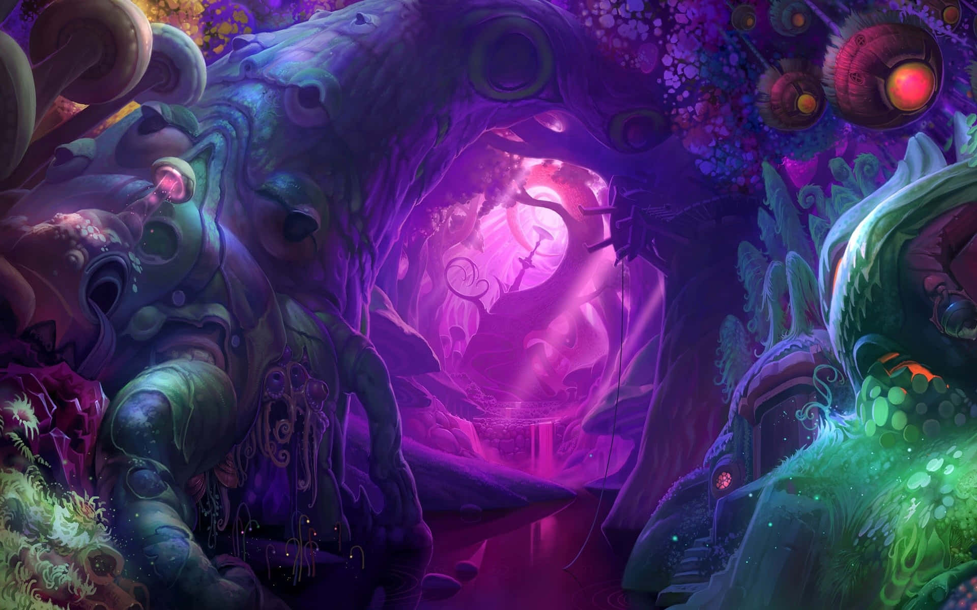 A Purple Forest With Many Different Kinds Of Creatures