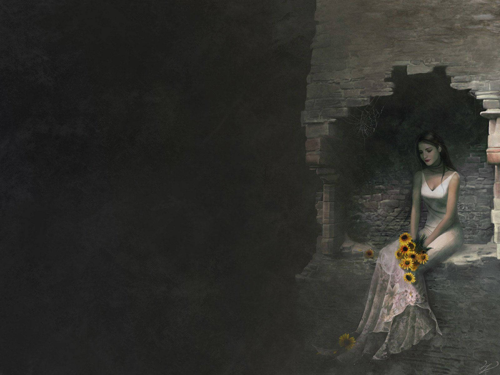 Mystery Woman In White Holding Sunflowers Background