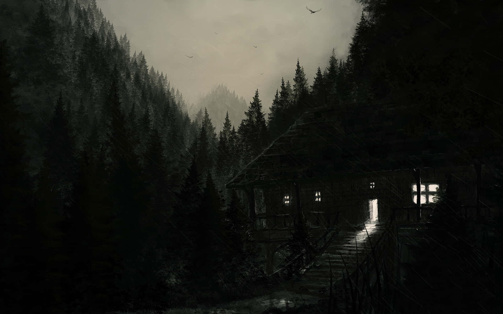 Mystic Forest Cabin Night Wallpaper