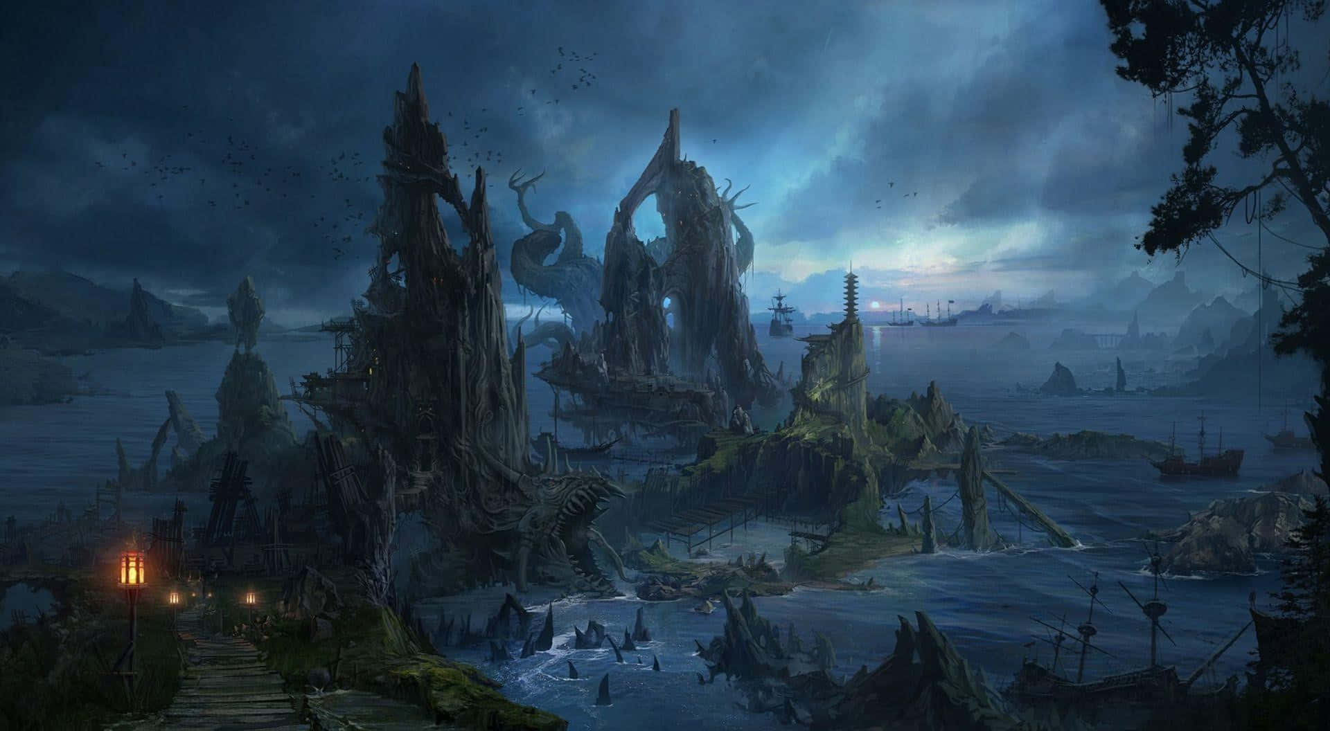 Mystic_ Sea_ Towers_ Fantasy_ Landscape Wallpaper