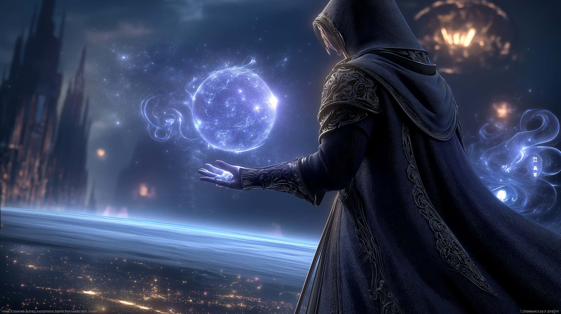 Mystic Summoning A Luminous Orb Above A Cosmic Horizon Wallpaper