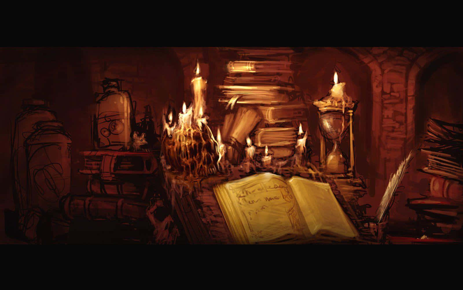 A Dark Room With Candles And Books