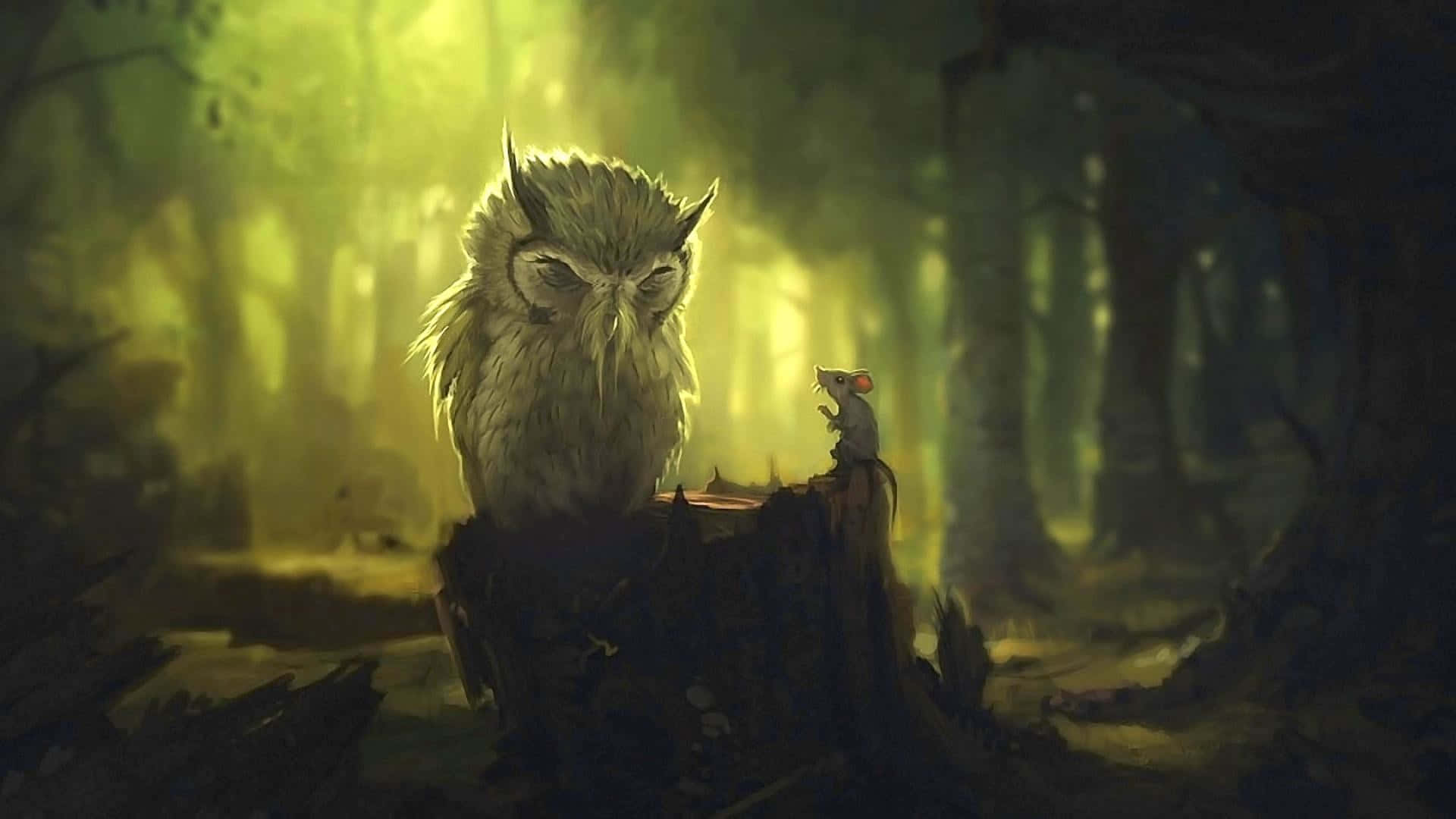 En ugle står på en stump i skoven. Wallpaper