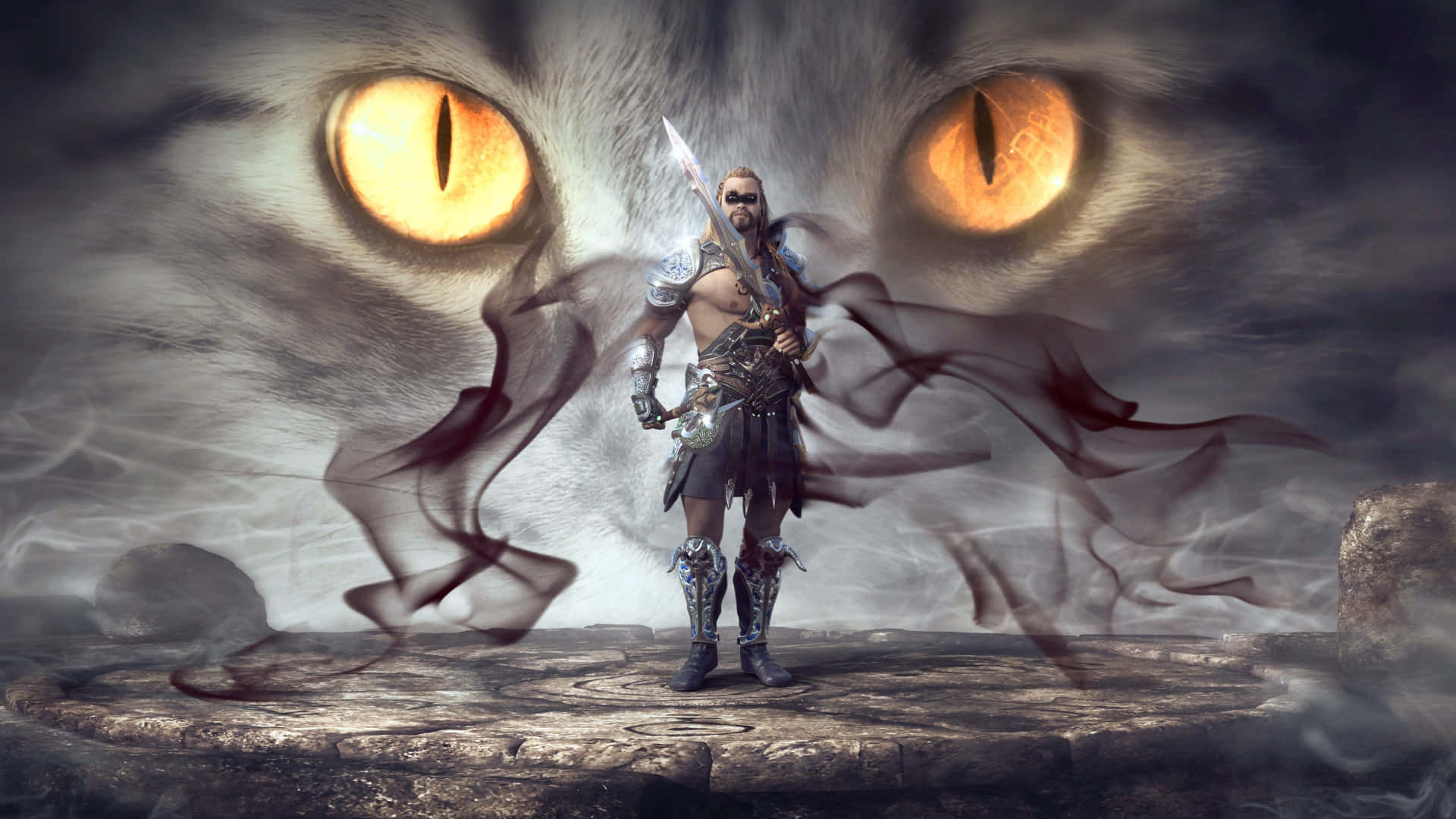 A Man With A Sword And A Cat In The Background Wallpaper