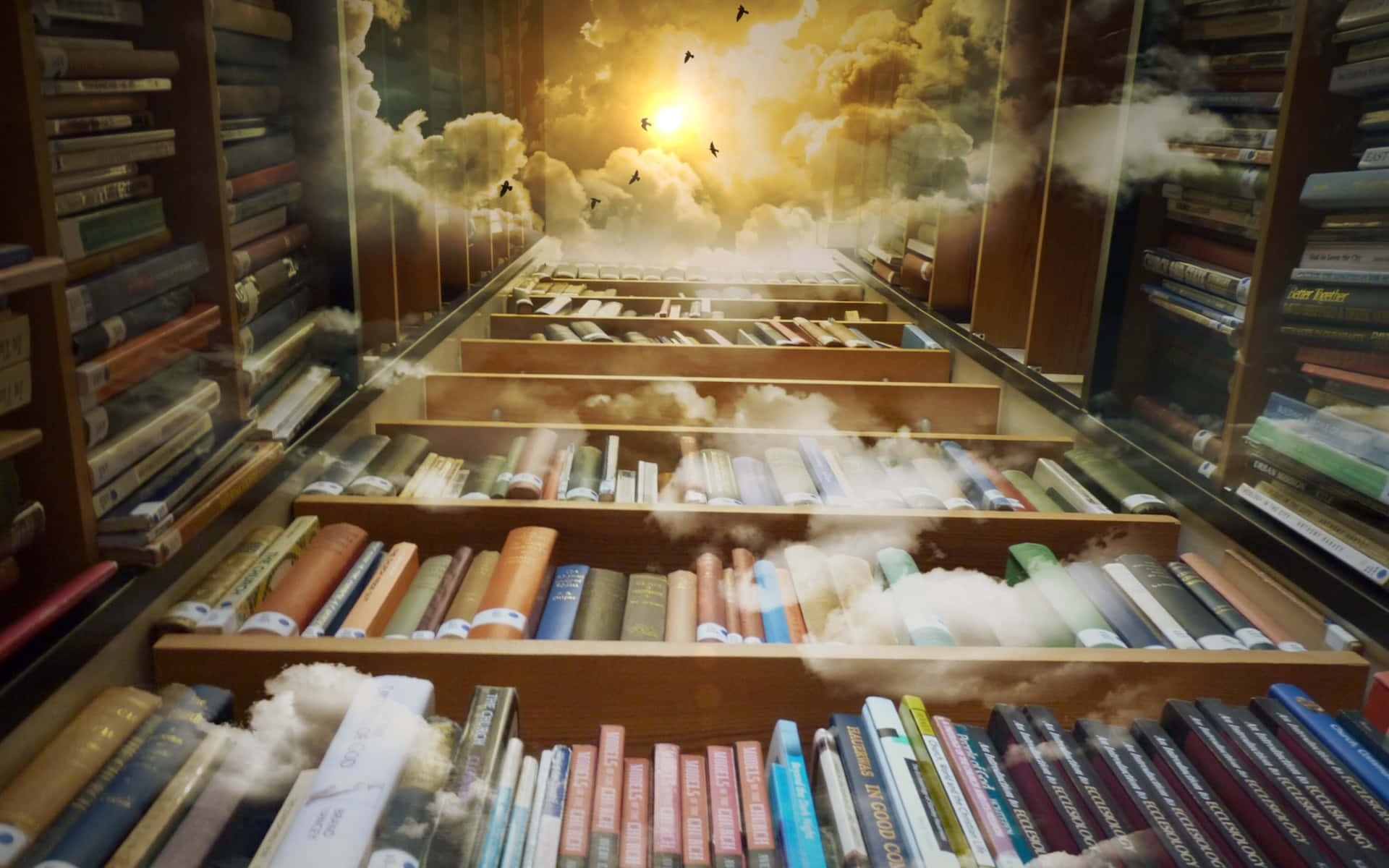 Mystical Library With Clouds Wallpaper