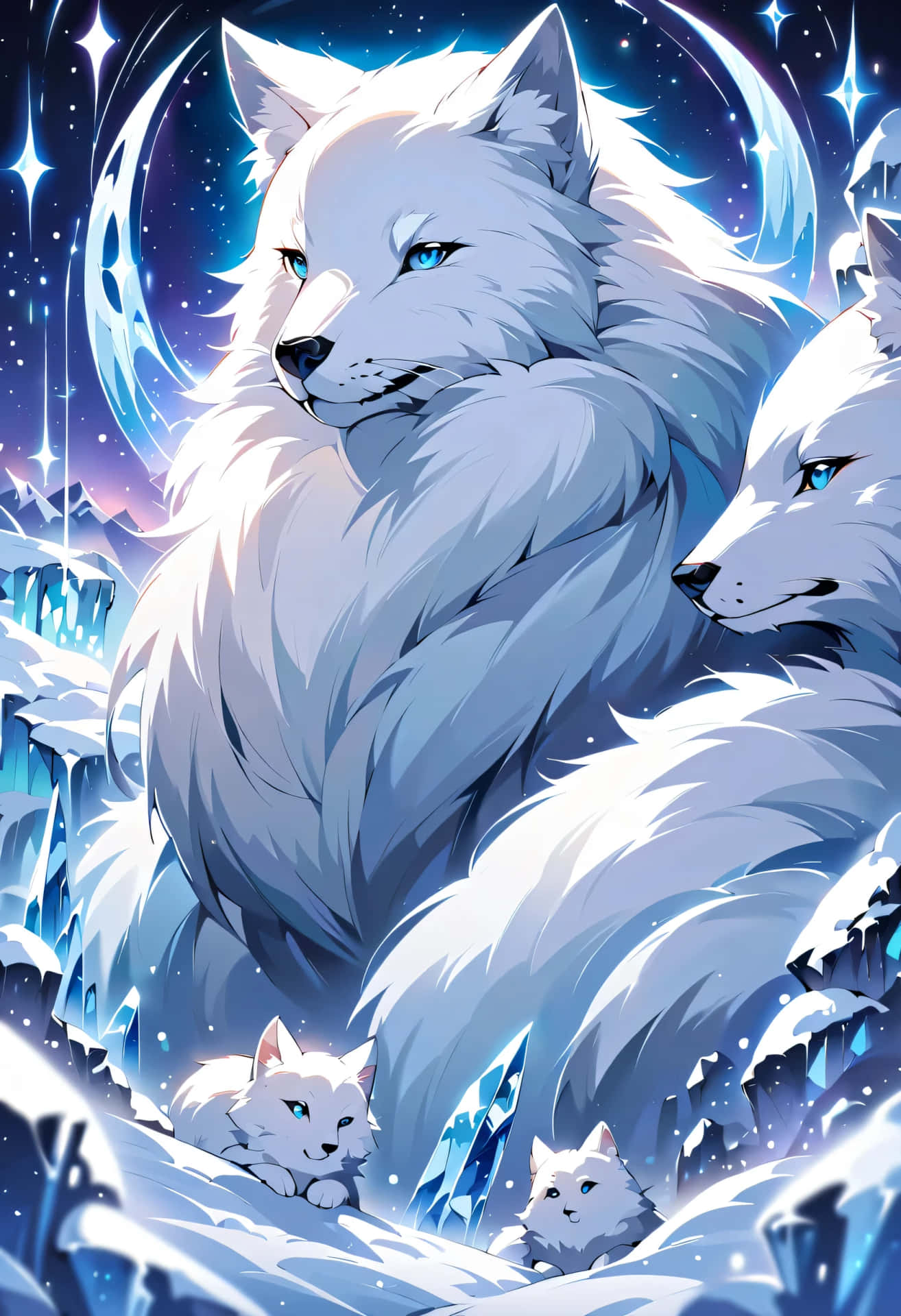 Mystical_ Anime_ Wolf_ Family Wallpaper