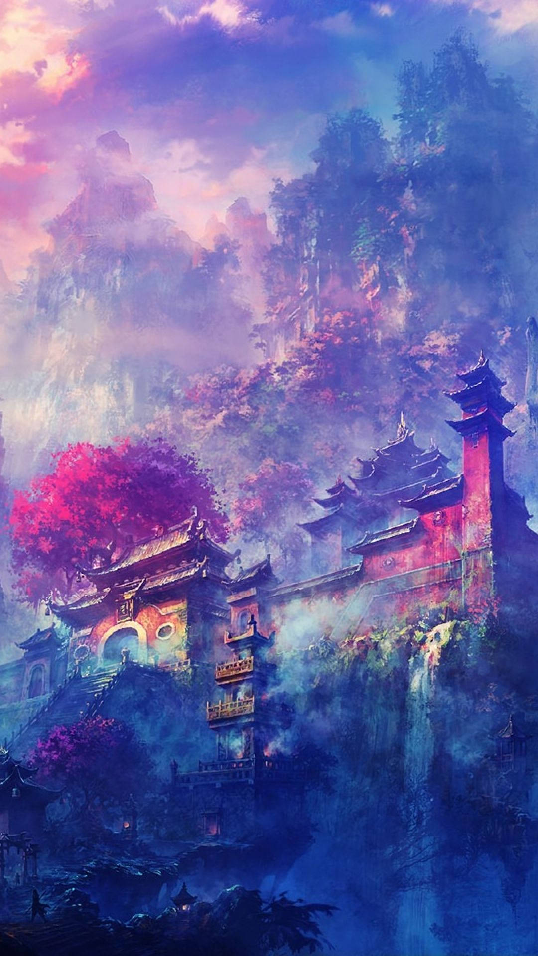 Mystical tall Japanese buildings erected in the mountains surrounded by fog and with waterfall. Art using vibrant and dull colors. 