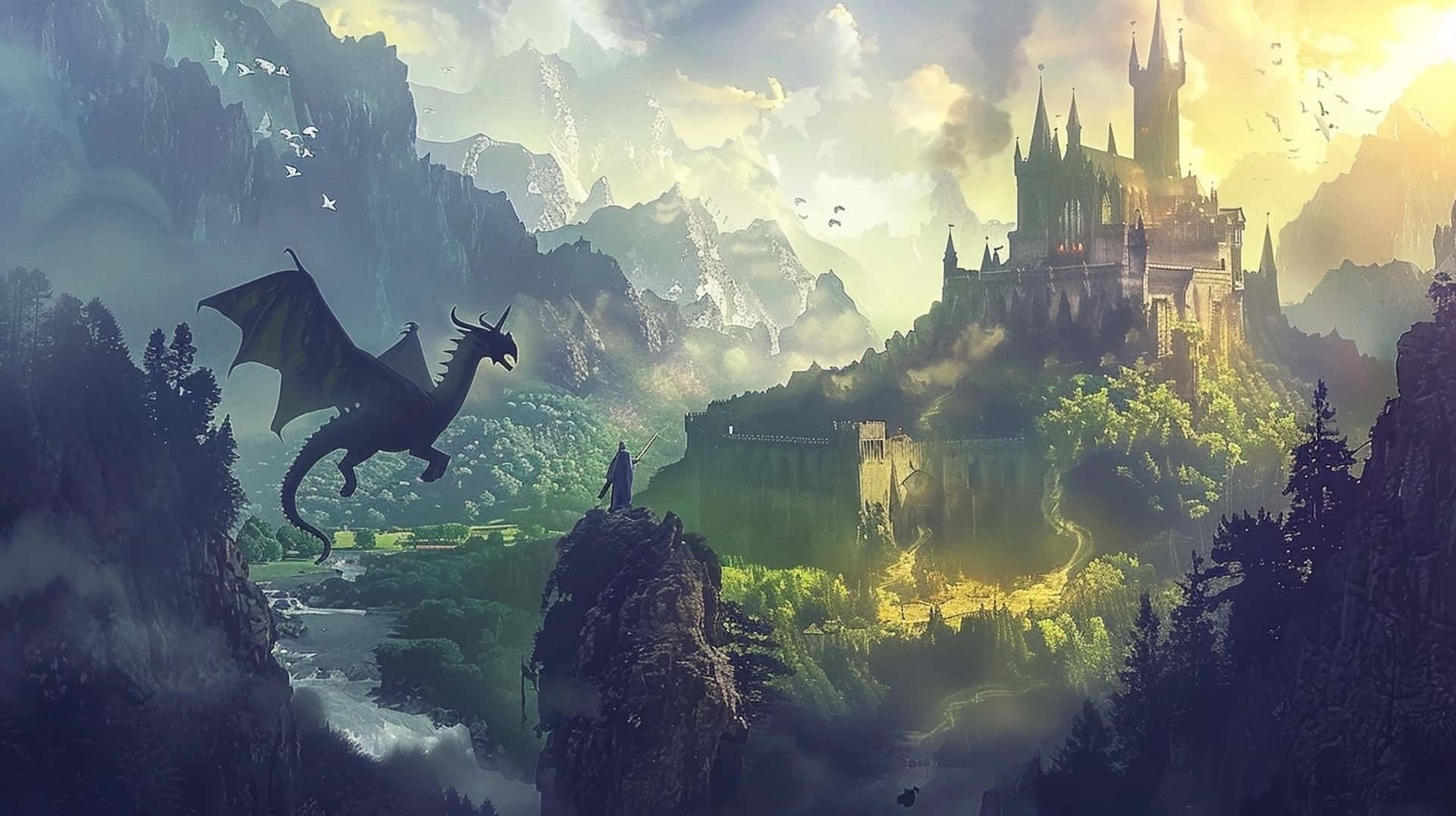 Mystical_ Dragon_ Flight_ Castle_ View.jpg Wallpaper