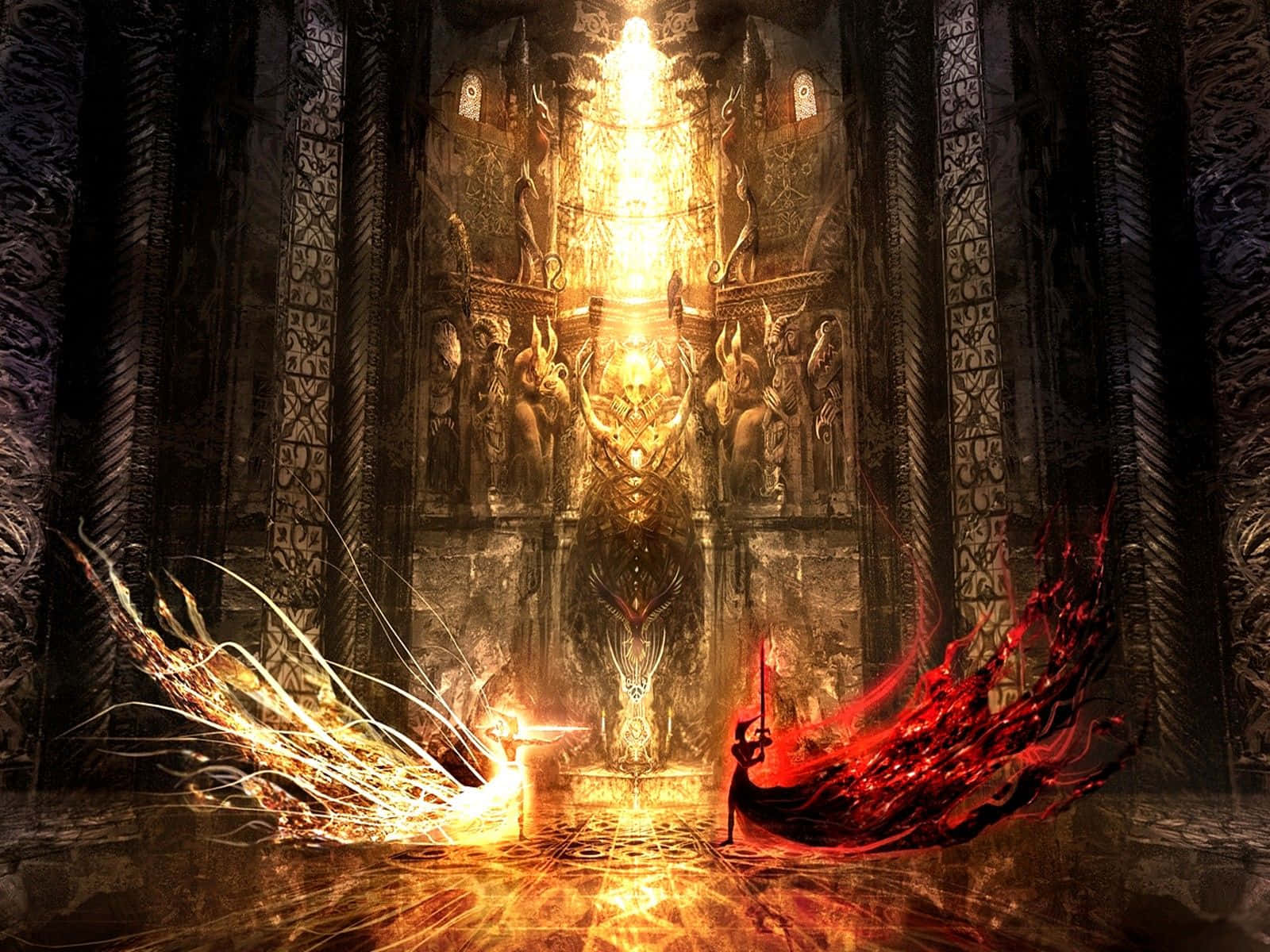 Mystical_ Duel_in_ Ancient_ Hall Wallpaper