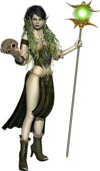 Mystical_ Elf_ Sorceress_with_ Staff_and_ Skull PNG