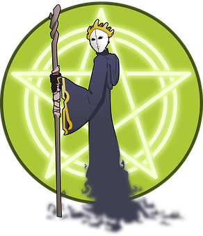 Mystical_ Figure_with_ Staff_and_ Pentagram_ Background PNG