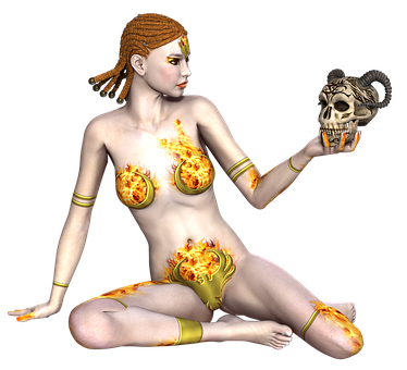 Mystical_ Fire_ Goddess_ Holding_ Skull PNG