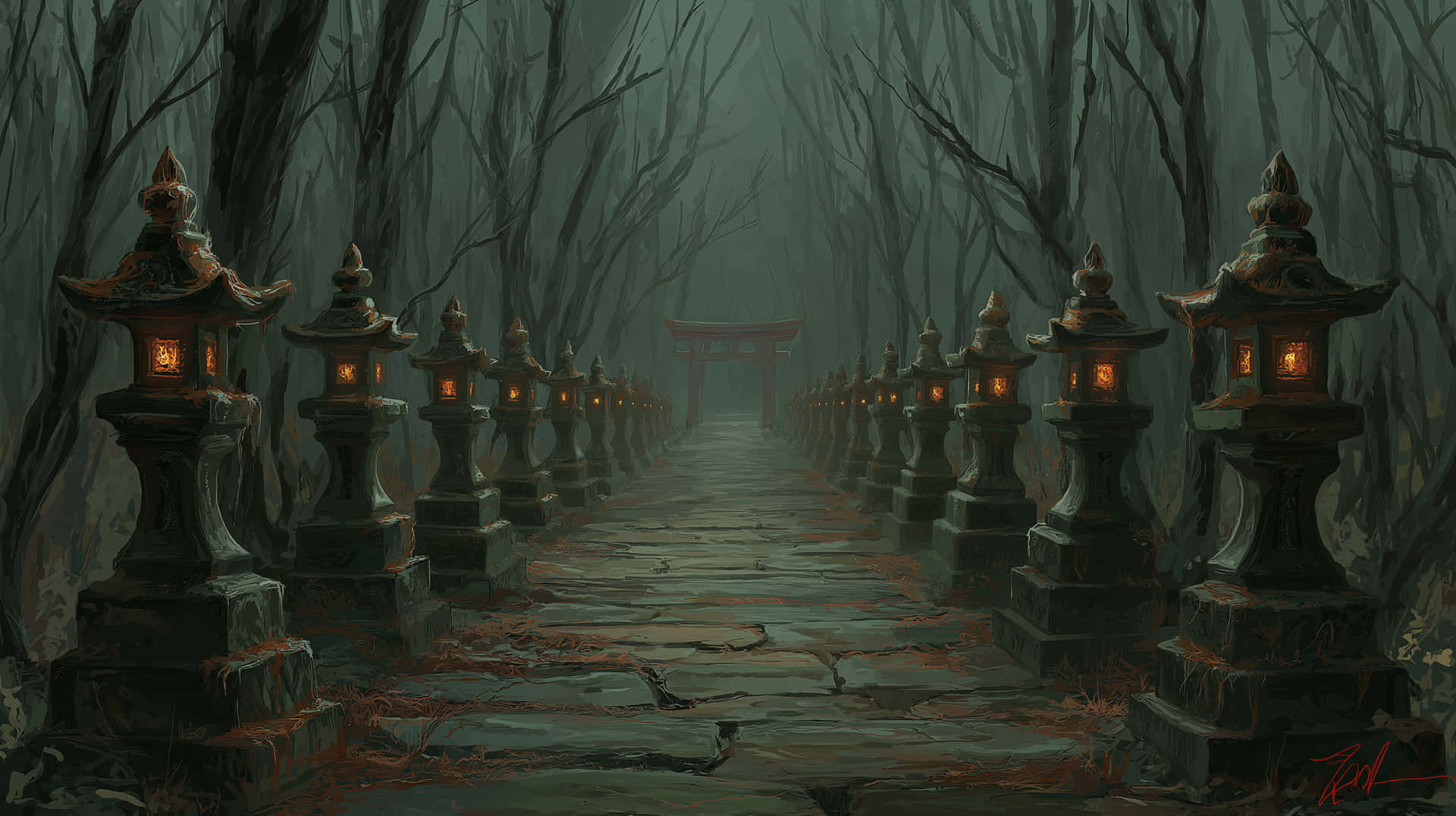 Mystical Forest Path Lined With Stone Lanterns To A Shrine Wallpaper