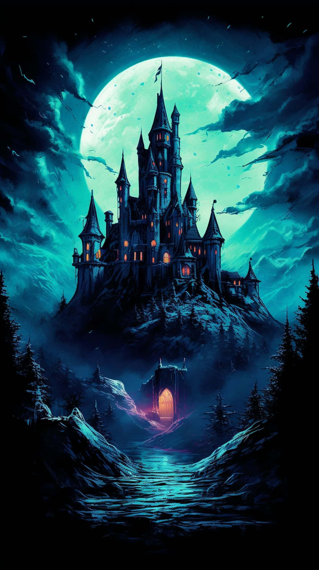 Mystical Halloween Castle Moonlight Wallpaper