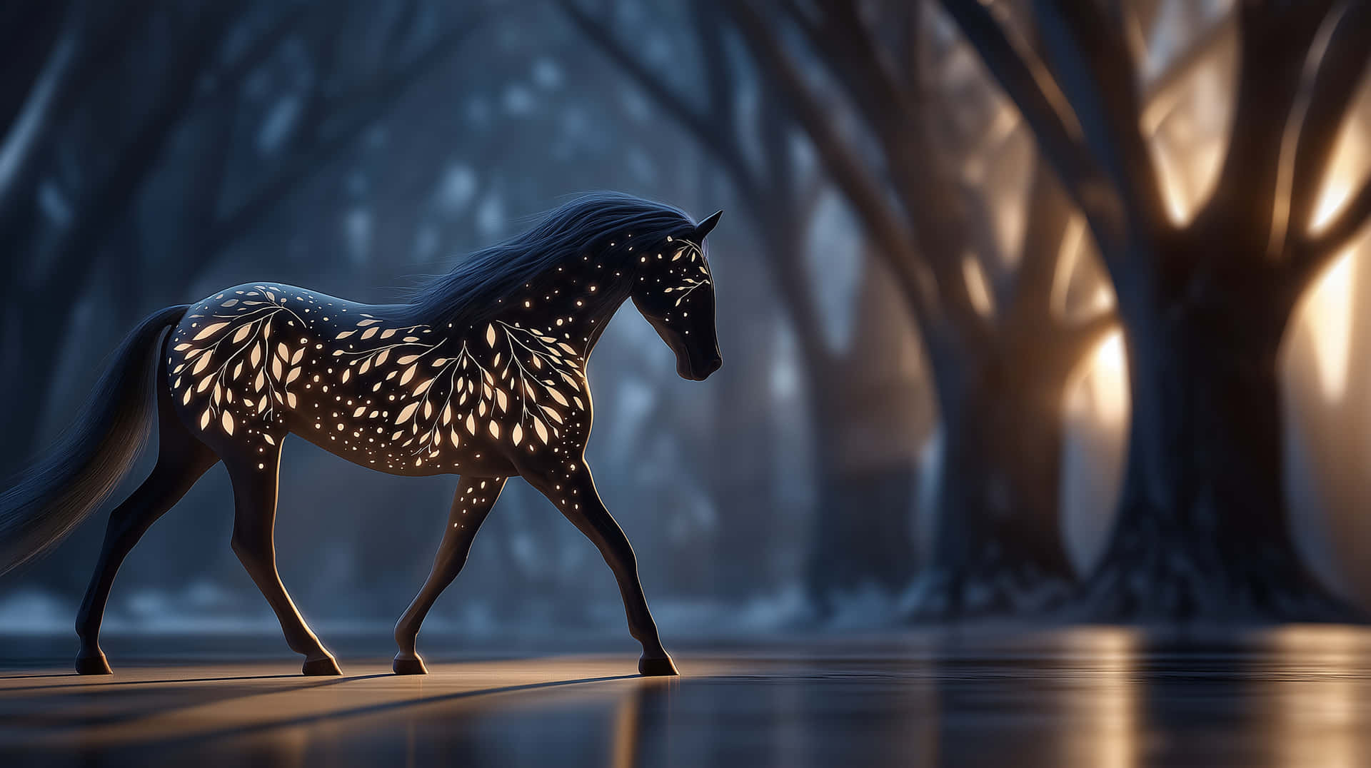 Mystical Horse With Glowing Leaf Patterns In Forest Setting Wallpaper