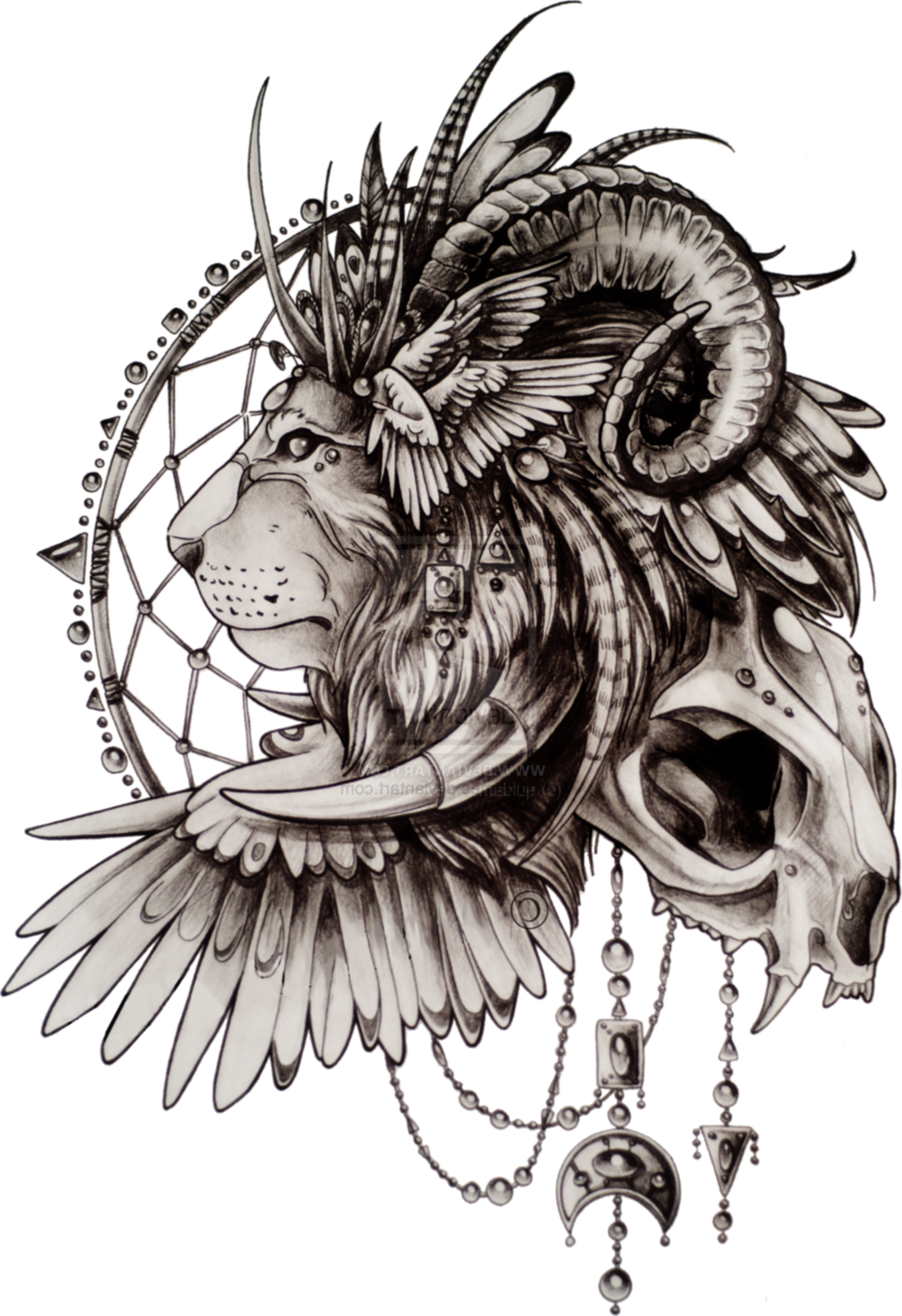 Mystical Lion Dreamcatcher Tattoo Design PNG