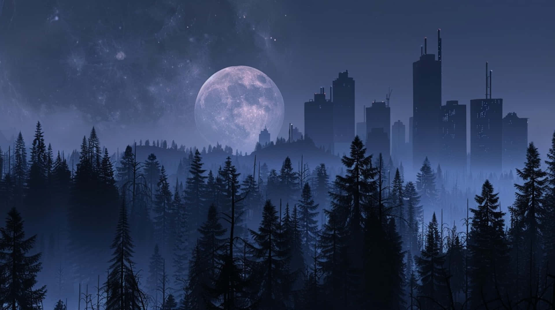 Mystical_ Moonset_ Over_ Cityscape Wallpaper