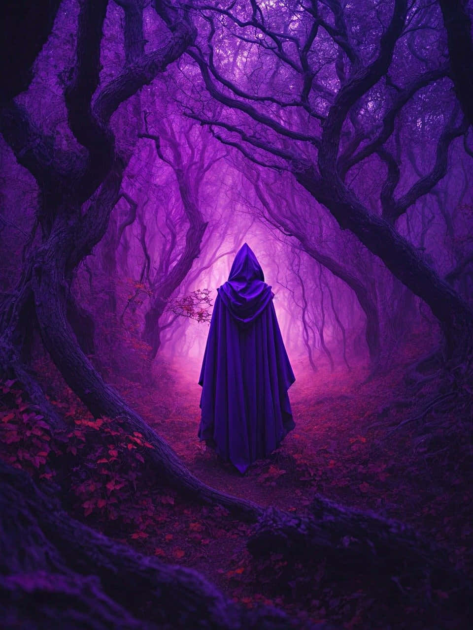 Mystical_ Purple_ Forest_ Cloaked_ Figure.jpg Wallpaper