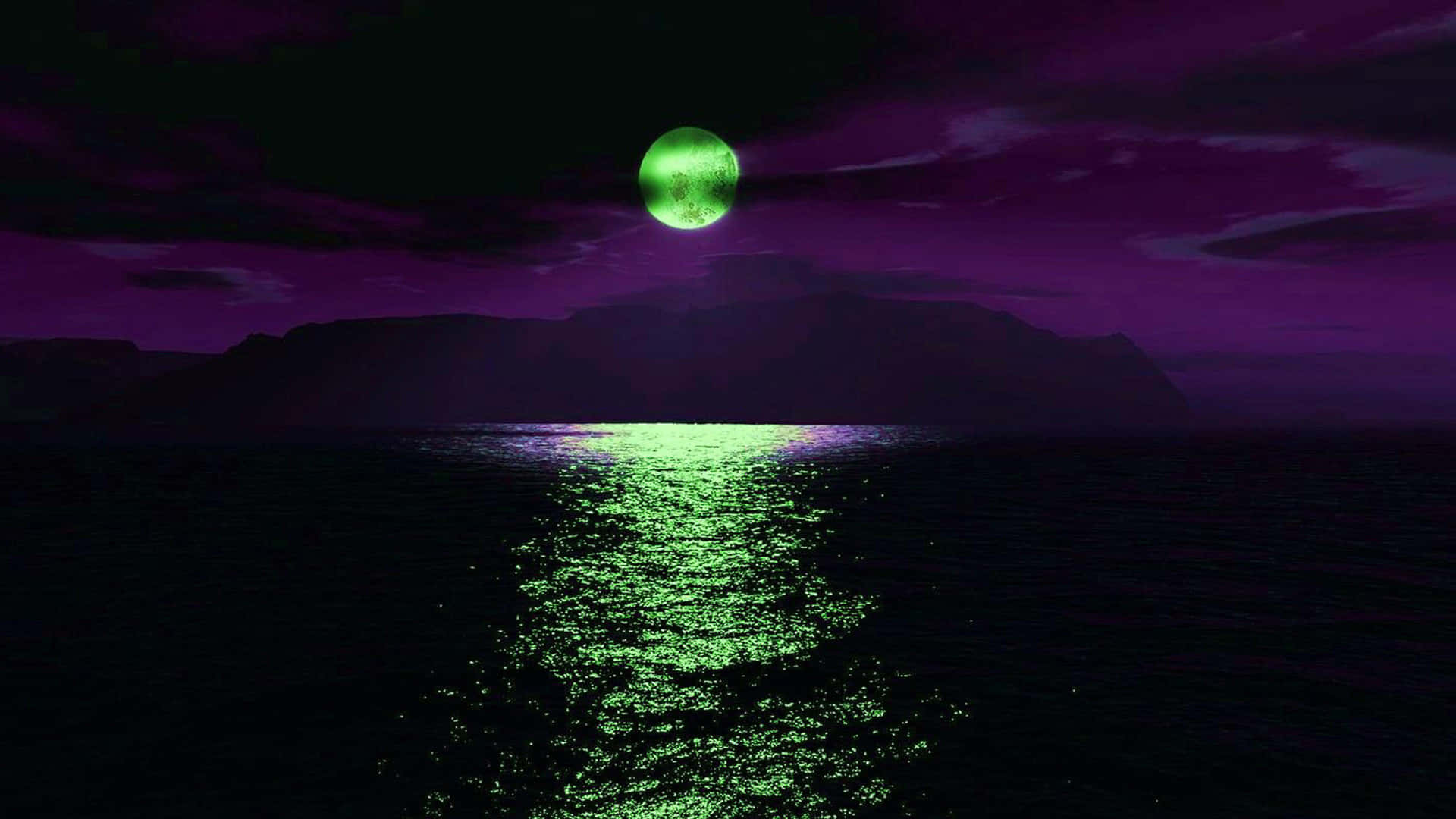 Mystical Purple Sky Green Moon Reflection Wallpaper
