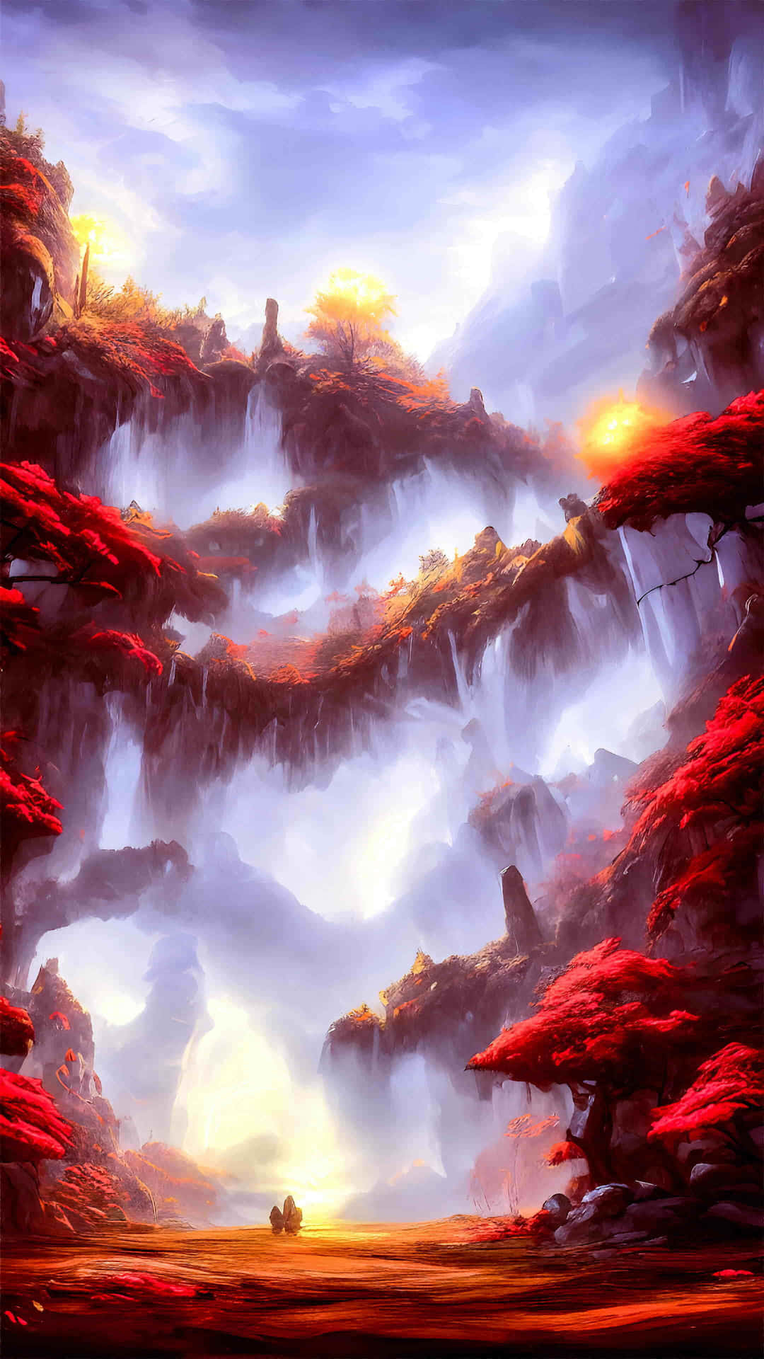 Mystical_ Red_ Forest_ Waterfall_ Scene.jpg Wallpaper