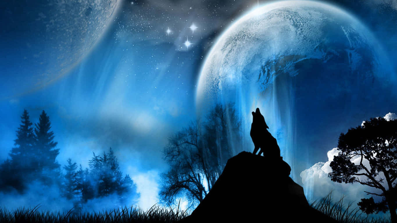 Mystical Forest With Howling Wolf Wallpaper