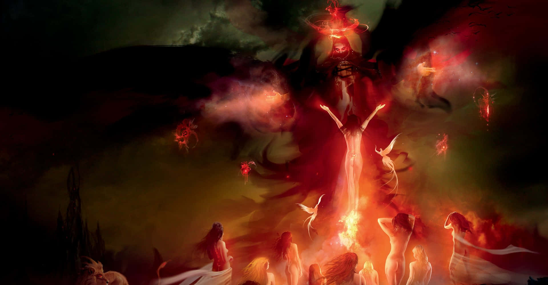 Et maleri af en dæmon med en gruppe mennesker omkring ham Wallpaper