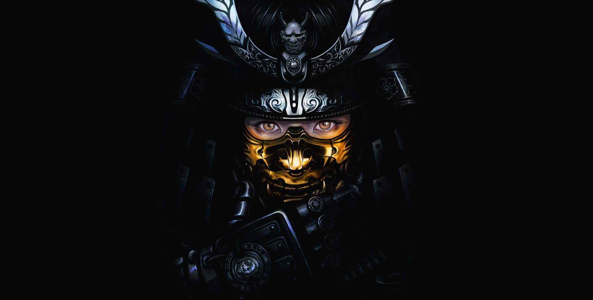 Mystieke Samurai Helm In Schaduwen Achtergrond