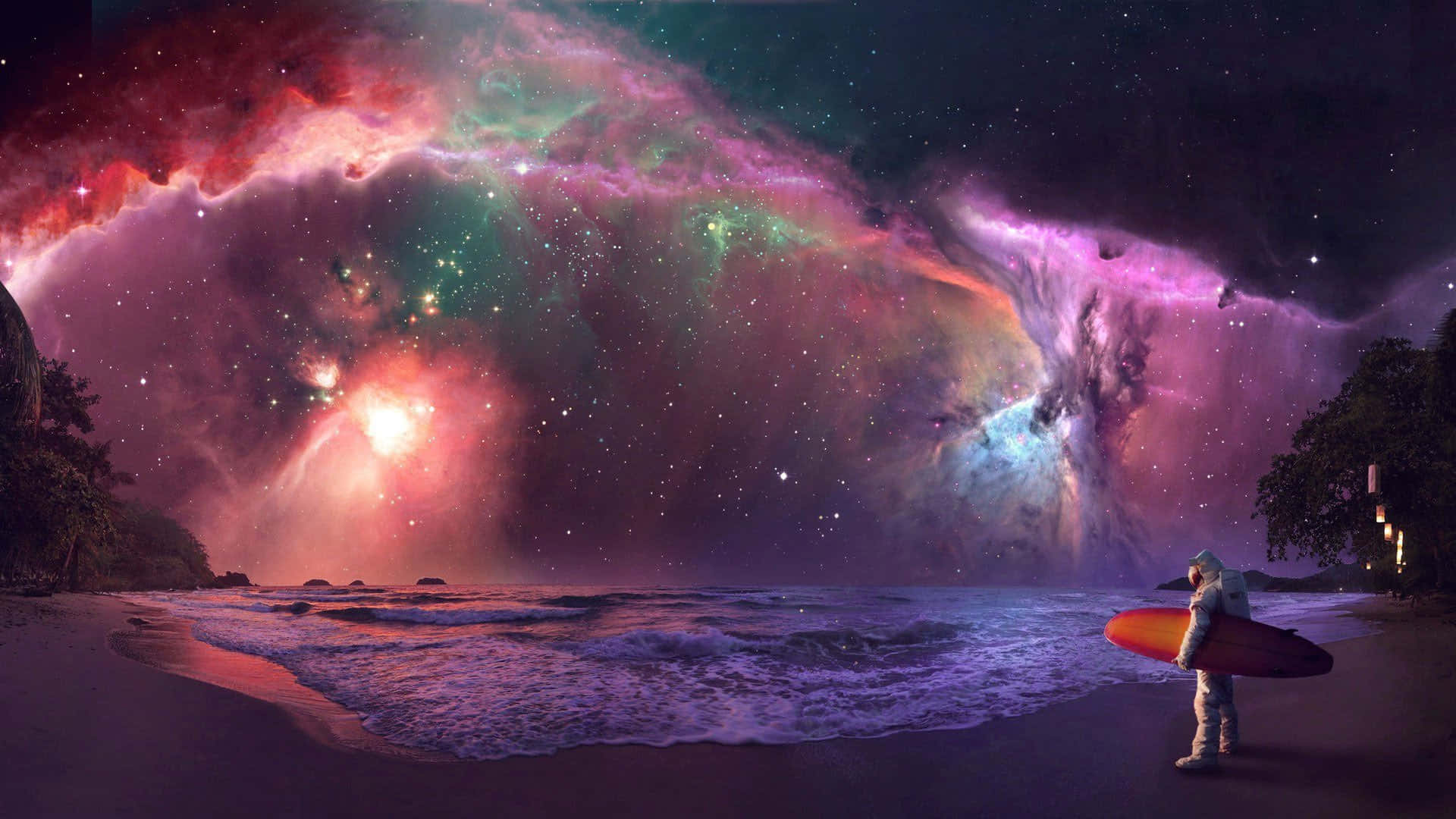 Mystical Sci-fi Beach Under Twilight Sky Wallpaper