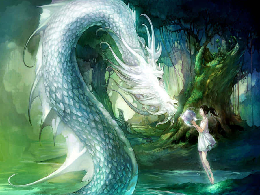 Mystical Sea Dragonand Maiden Wallpaper
