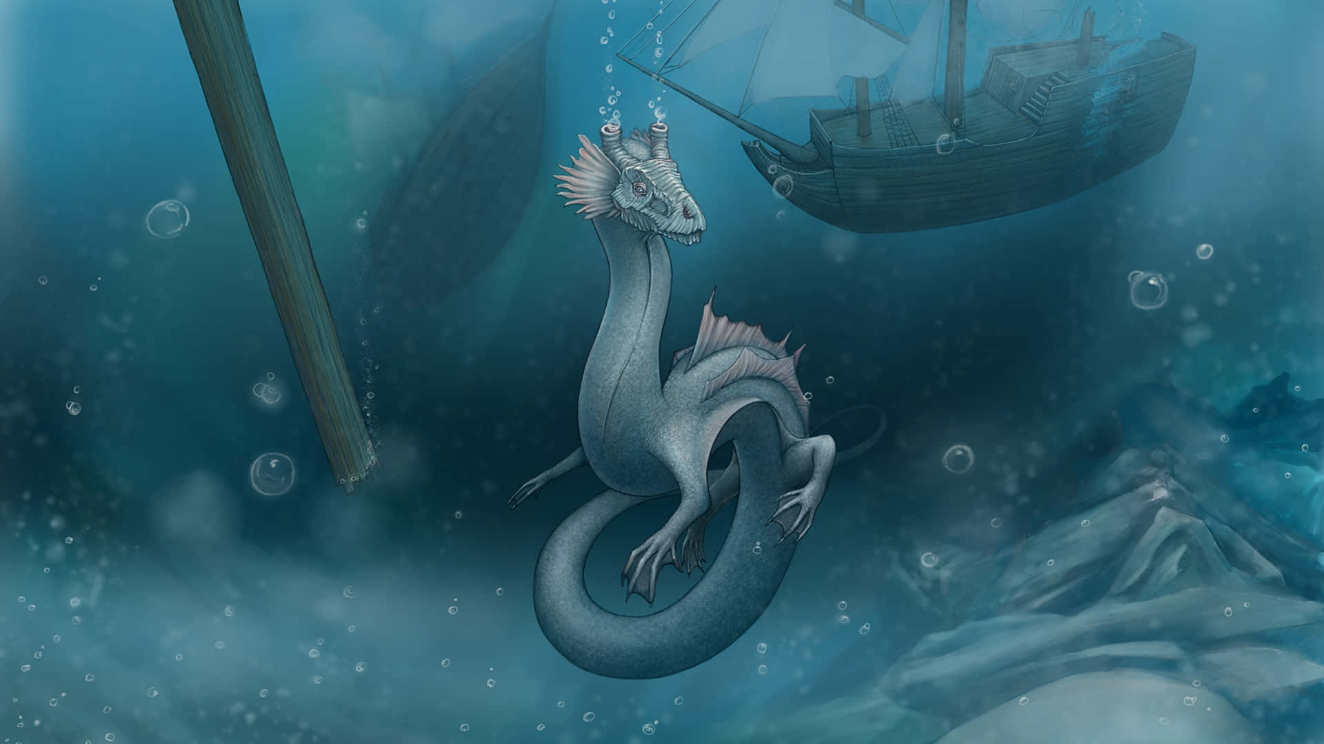 Mystical Sea Dragonand Sunken Ship Wallpaper