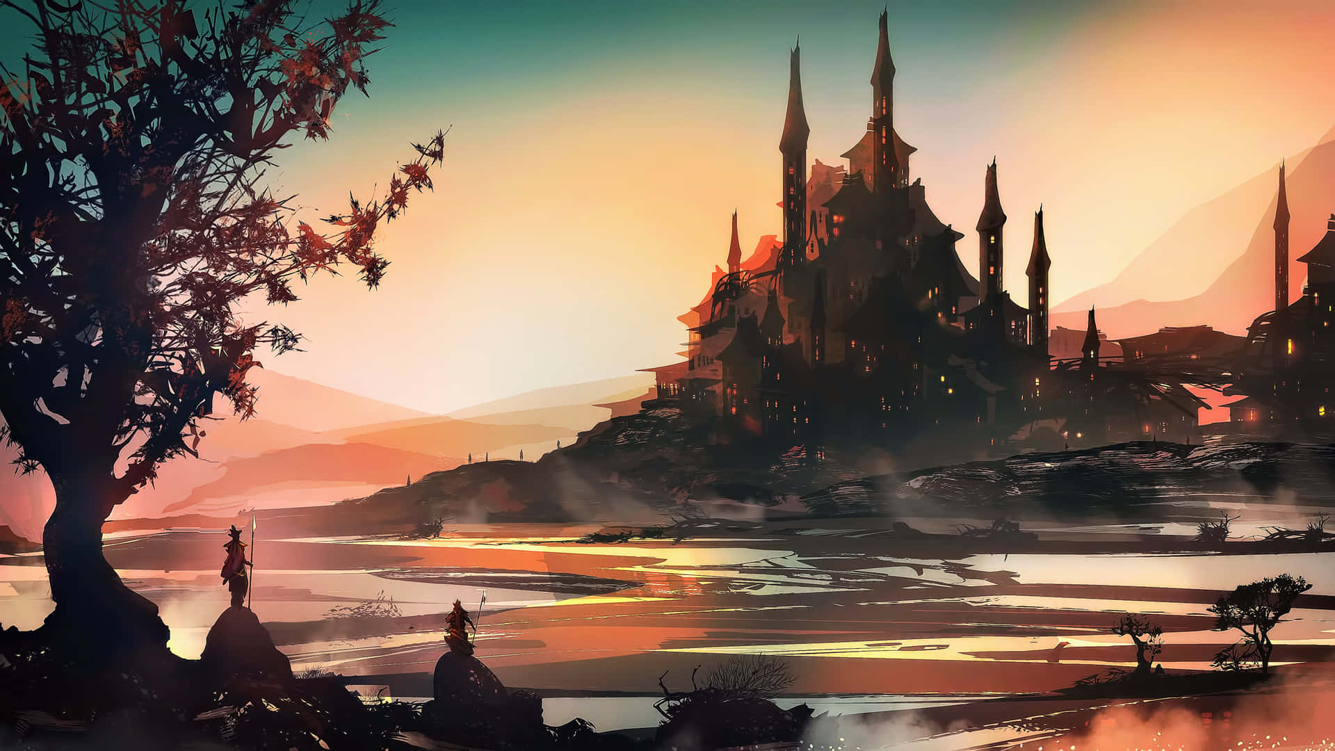 Mystical_ Sunset_ Castle_ Landscape Wallpaper