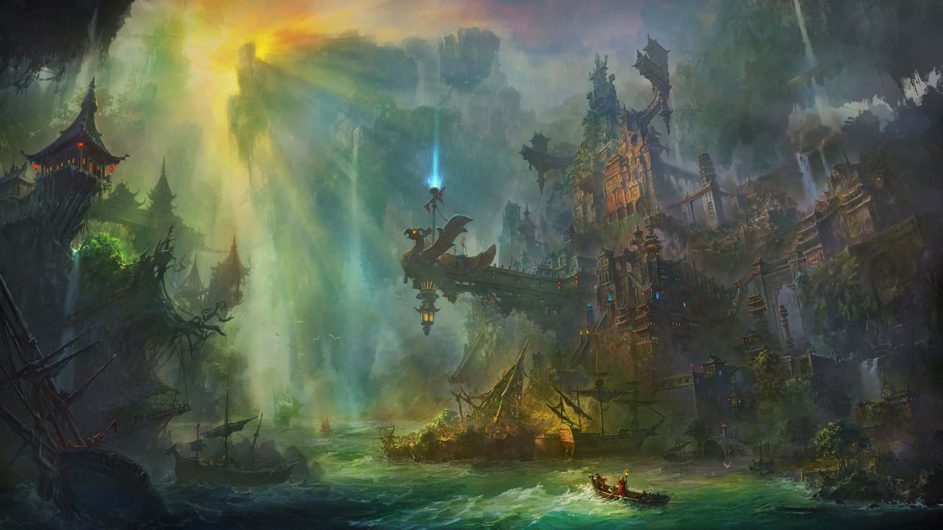 Mystical Sunset Harbor Fantasy Landscape Wallpaper
