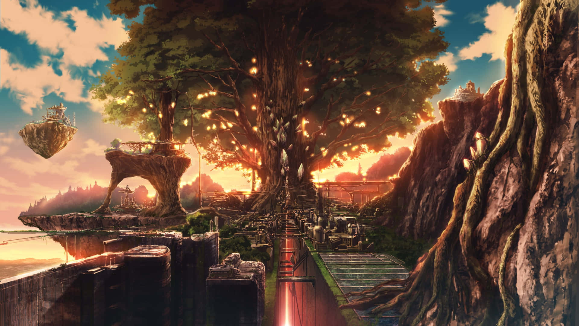 Mystical_ Sunset_ Tree_ City Wallpaper