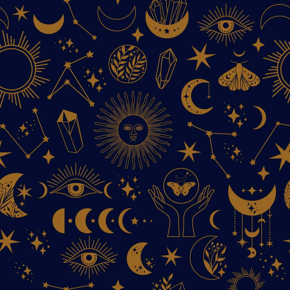 Mystical Tarot Pattern Navy Gold Wallpaper