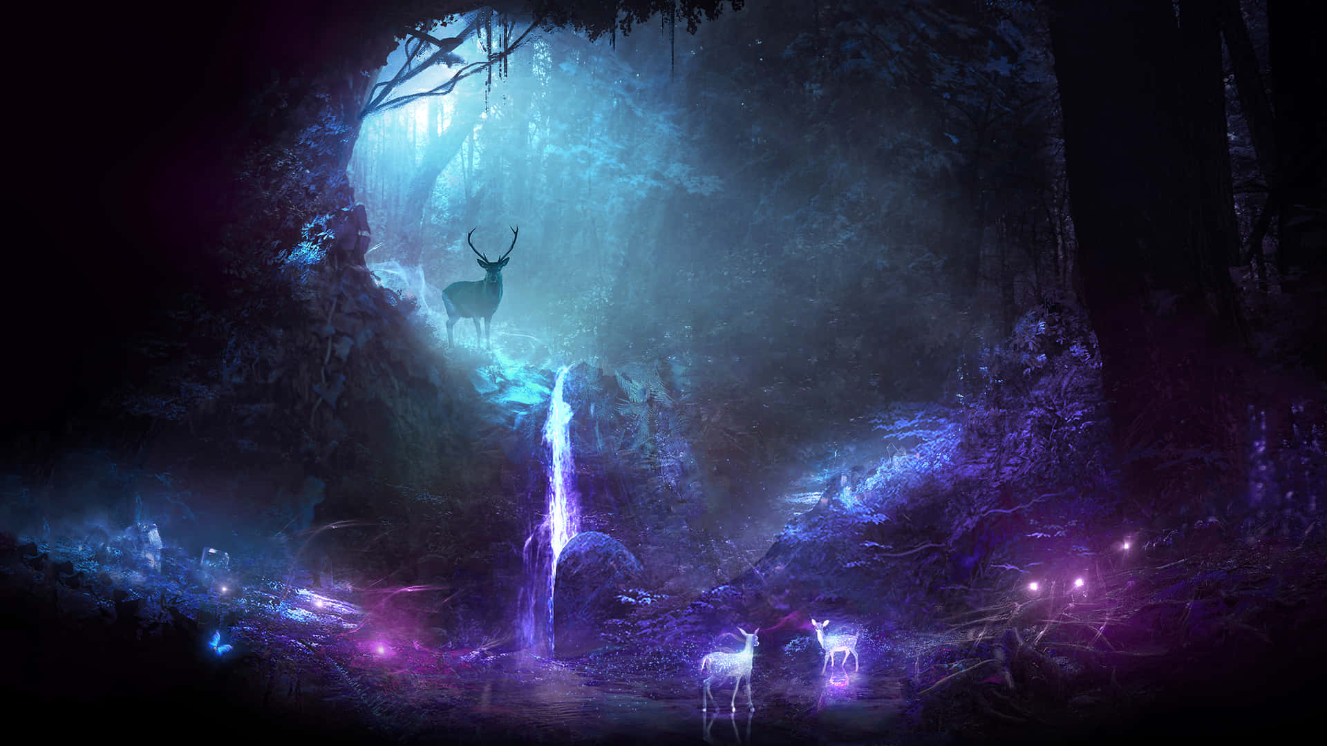 En mørk skov med en vandfald og et dyr i nærheden Wallpaper