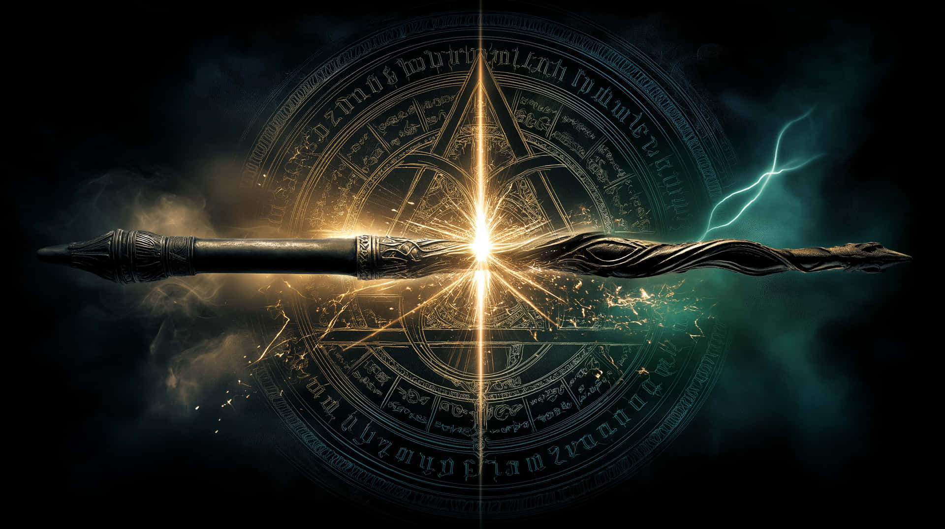 Mystical Wand And Rune Circle With Bursting Light Wallpaper