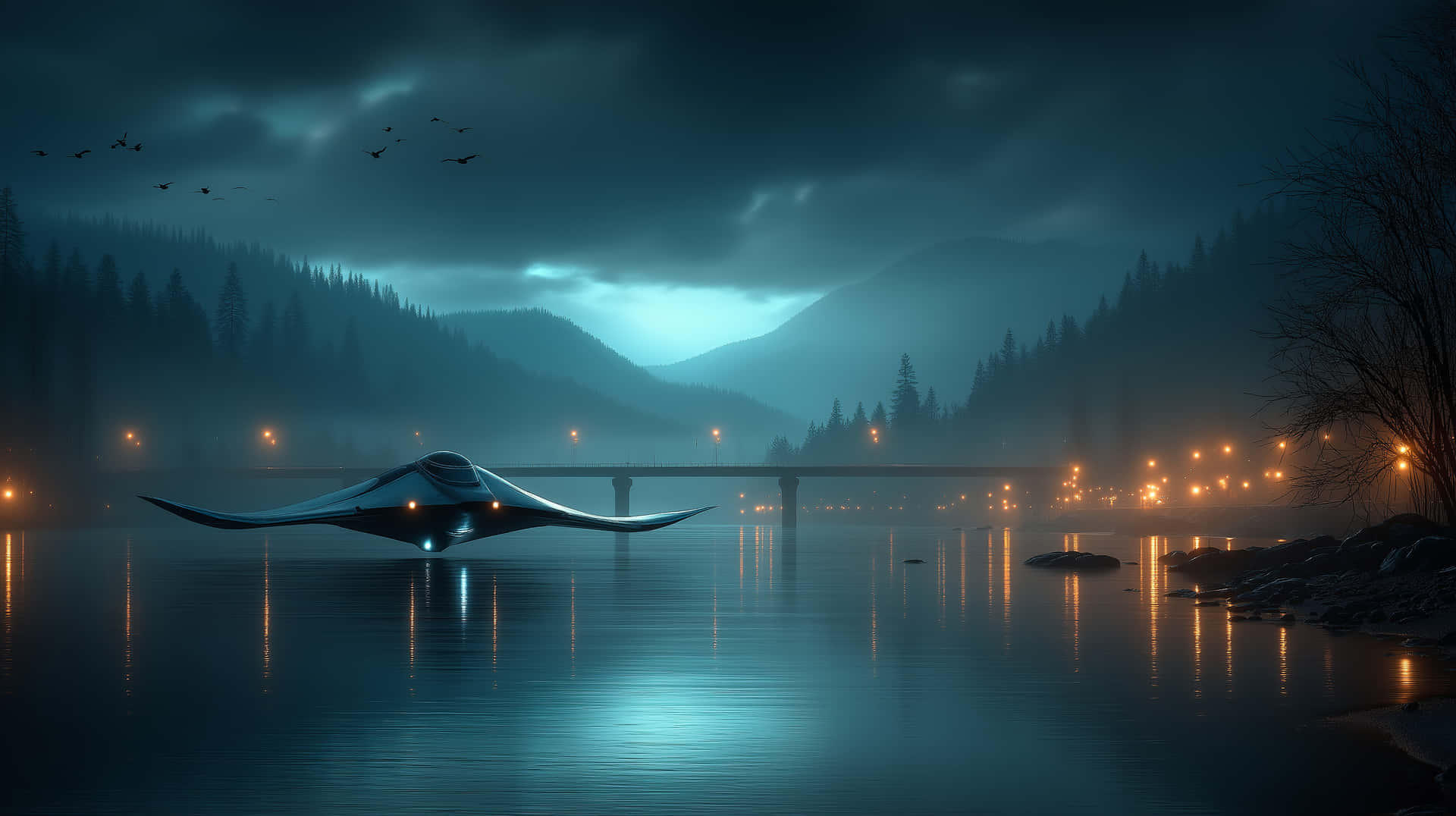 Mystical Winged Craft Gliding Over Water At Dusk Wallpaper