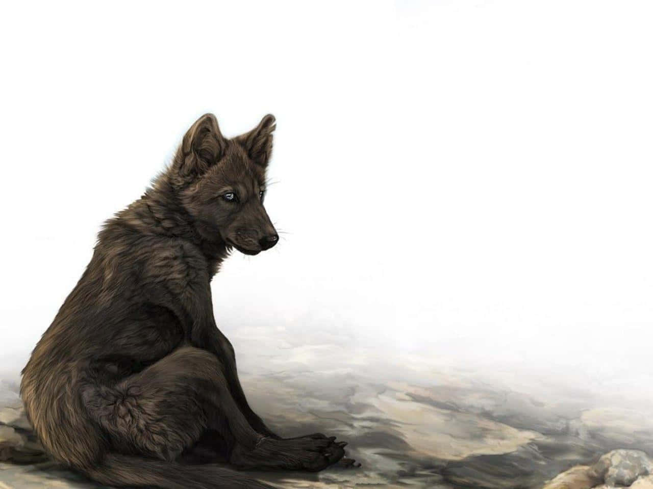 En enkelt, ædelt og smuk ulv står mod et mørkt og truende himmel. Wallpaper