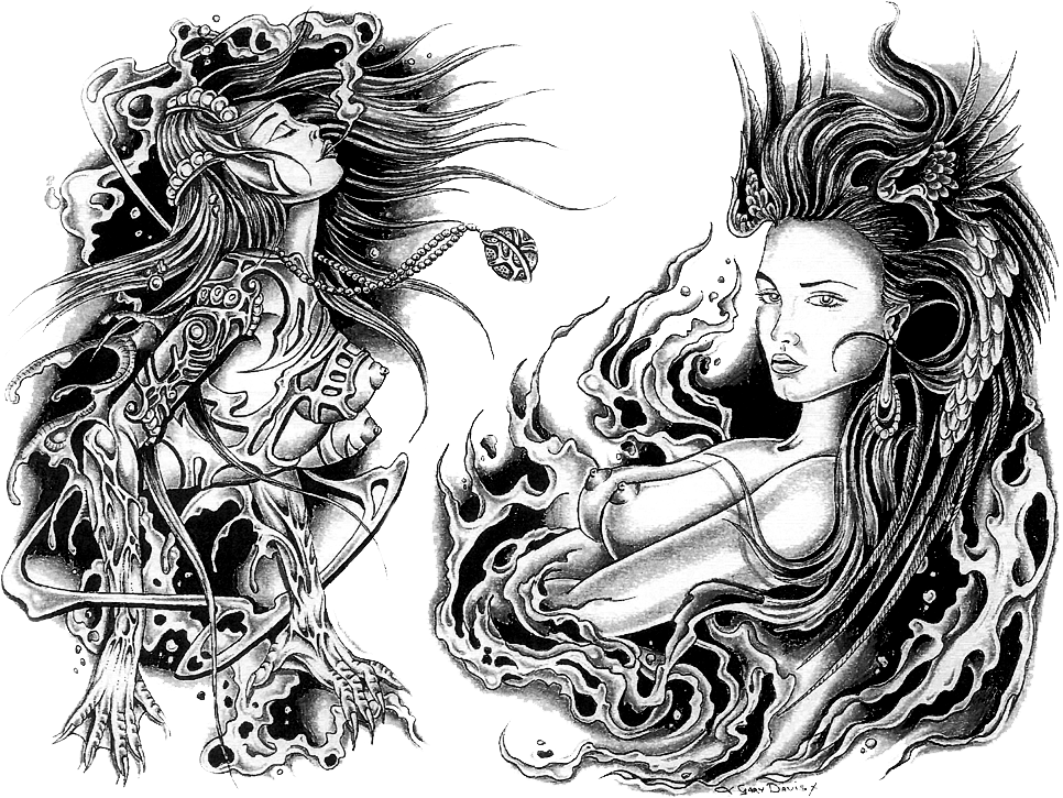 Mystical Women Fireand Water Tattoo Design PNG