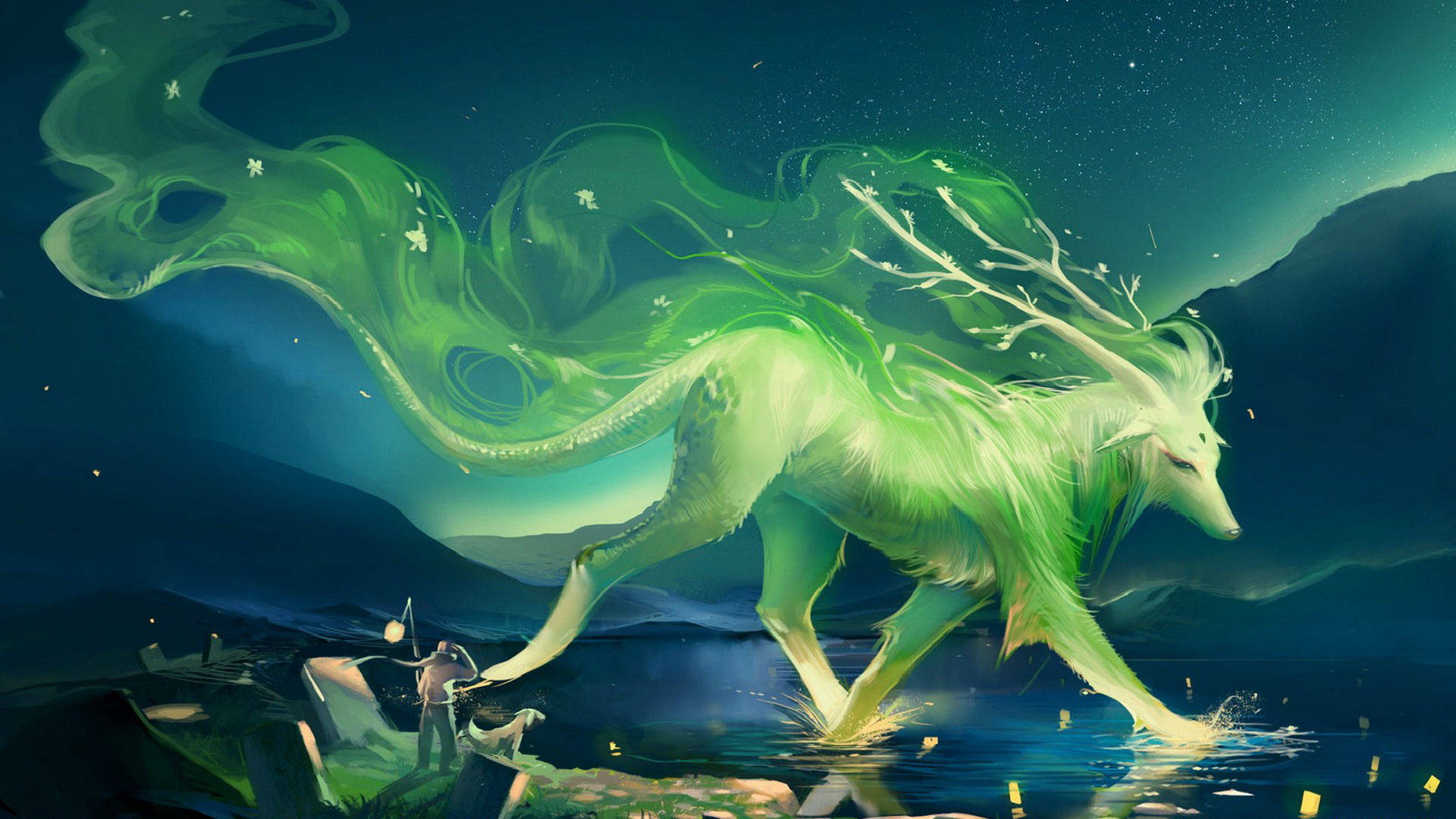 Mythical Creature Green White Wolf Picture