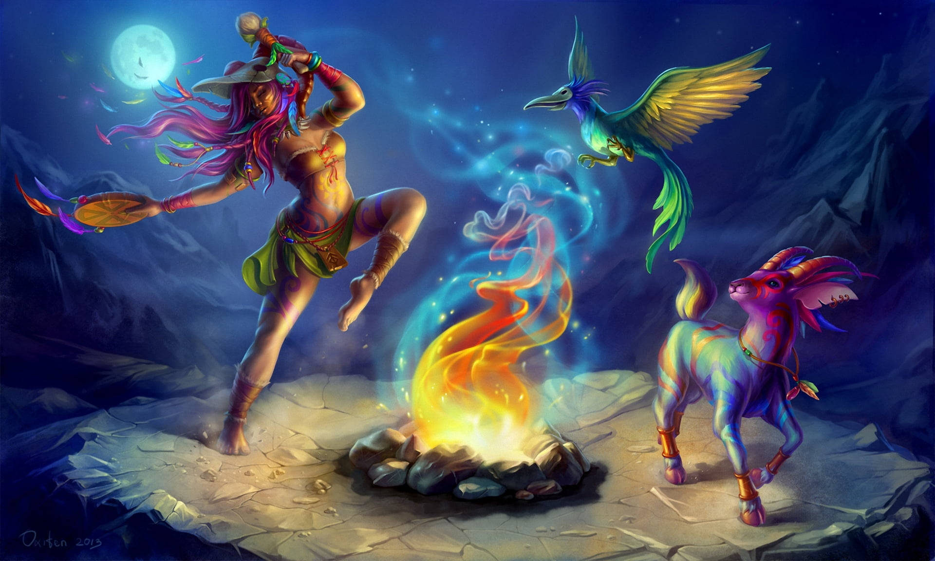 Mythical Creatures Dancing With Fire Art Wallpaper