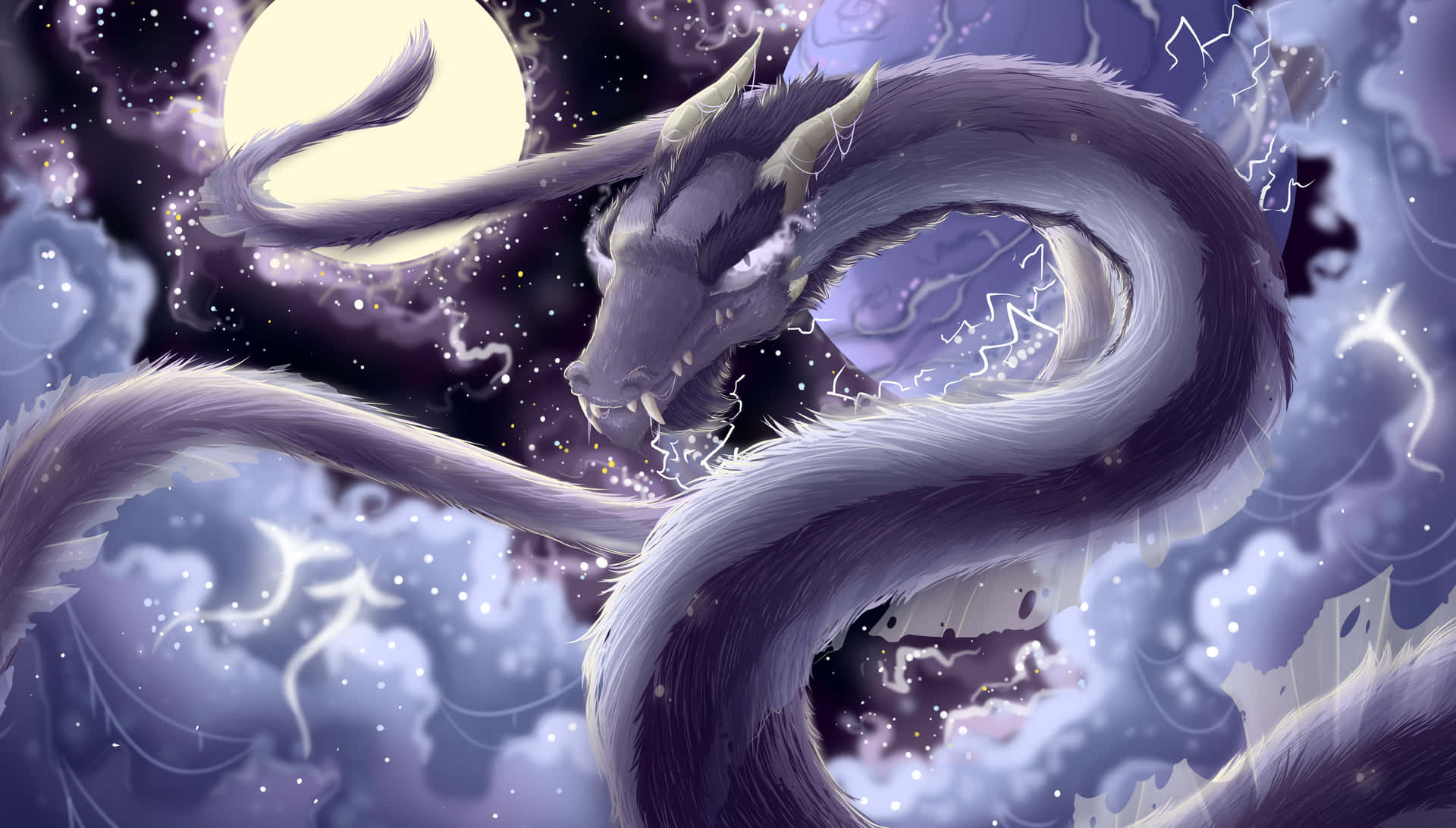 A mysterious dragon hovering through the misty sky Wallpaper