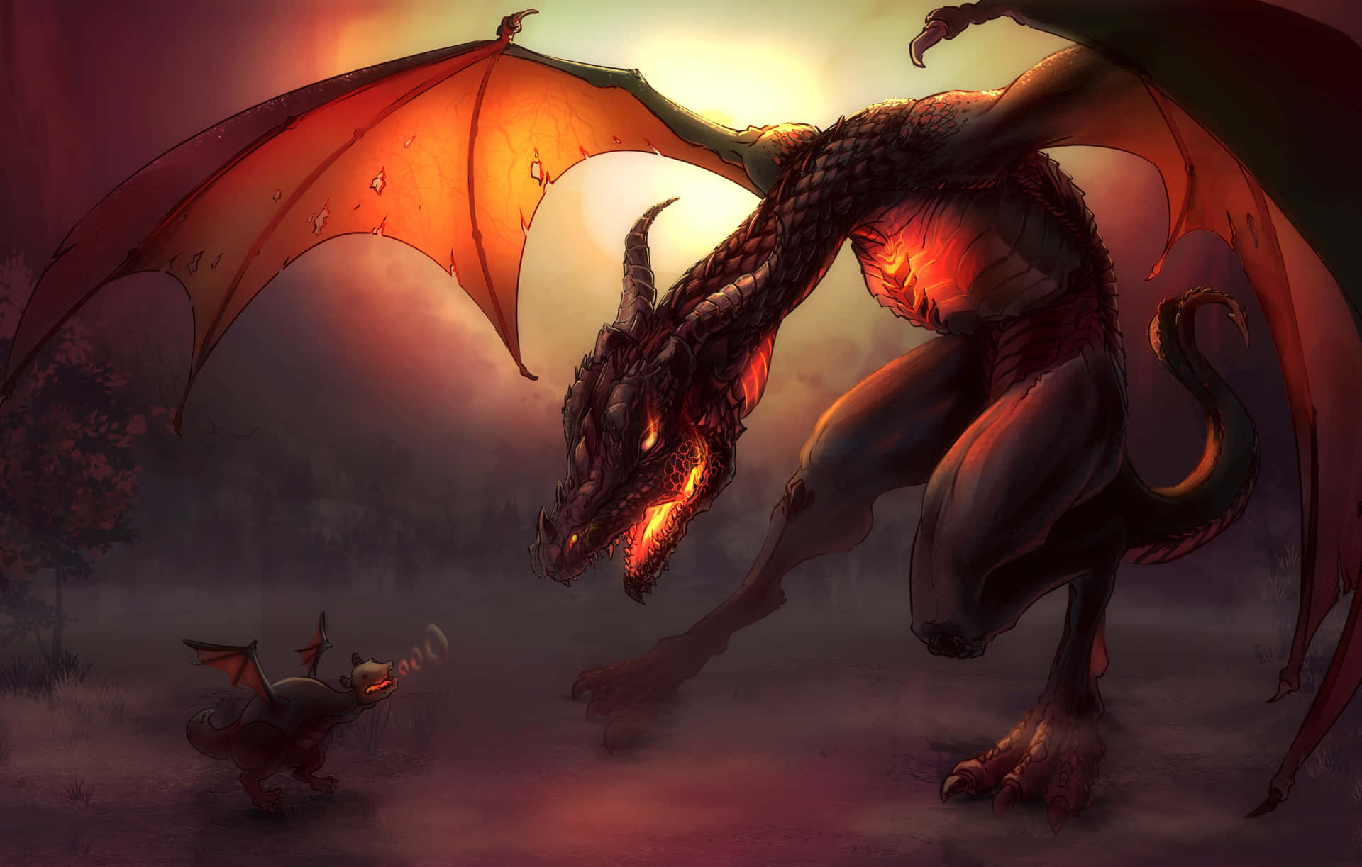 A Mystical Dragon Against a Dark Cave Sky Wallpaper
