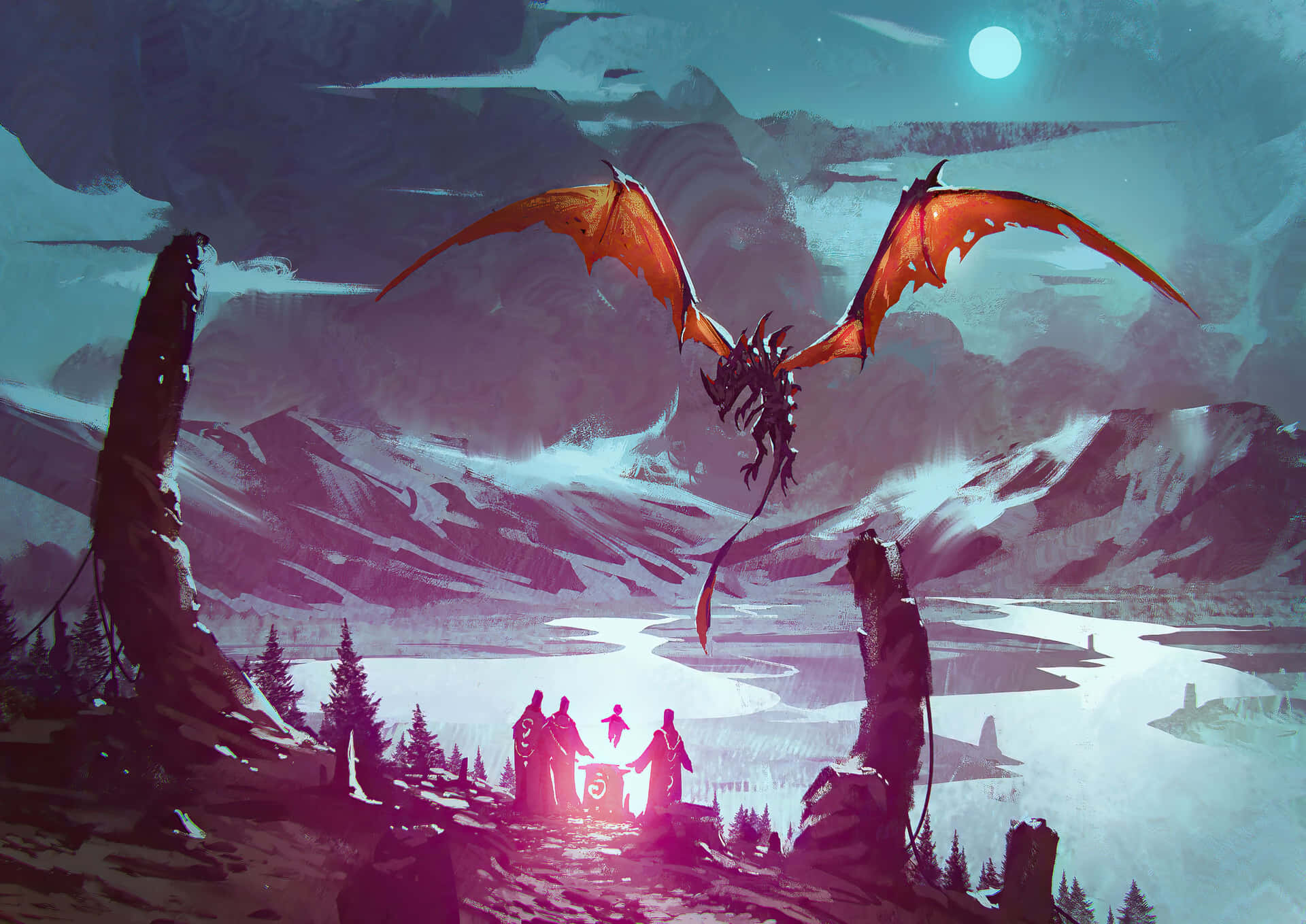 A Dragon Flying Over A Mountain With People In The Background Wallpaper