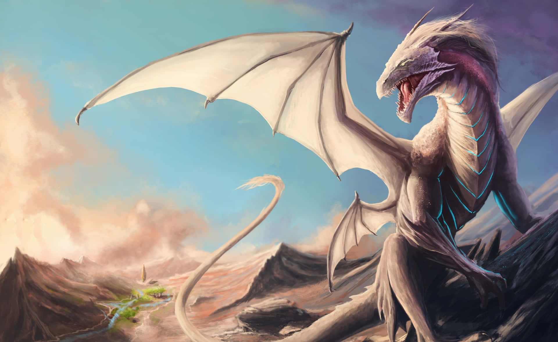 A giant, majestic mythical dragon flying in the skies Wallpaper