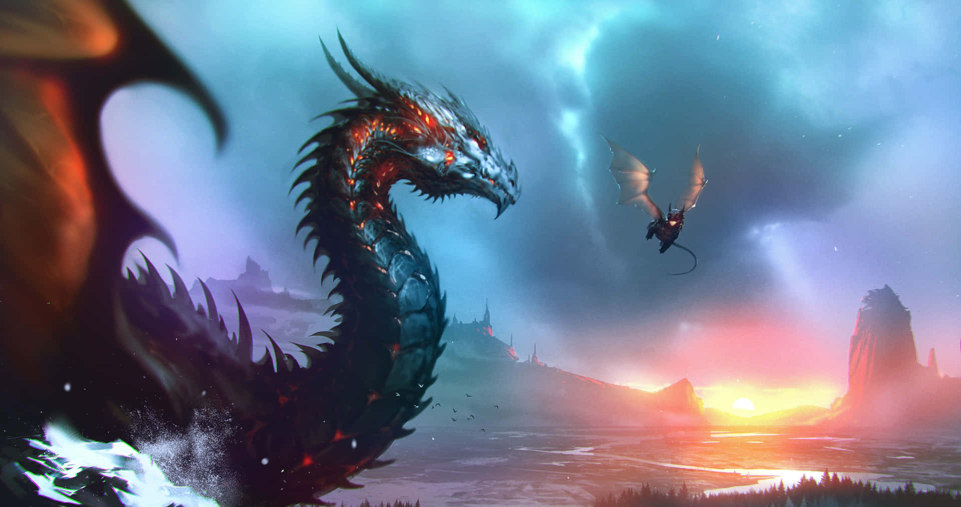 "A mysterious mythical dragon flies across the horizon, mysterious and fascinating." Wallpaper